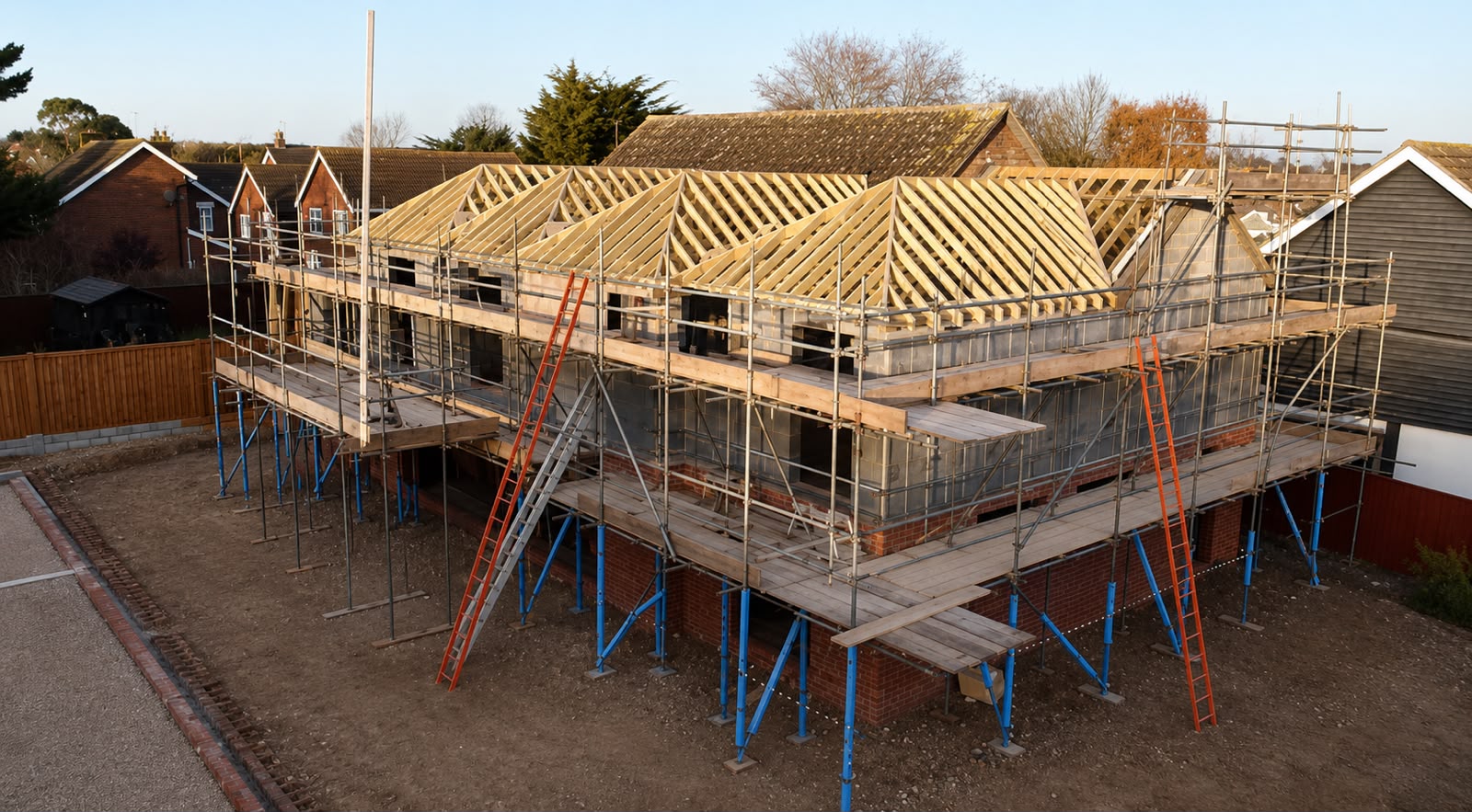 New build under construction — block walls, timber roof trusses and full scaffold